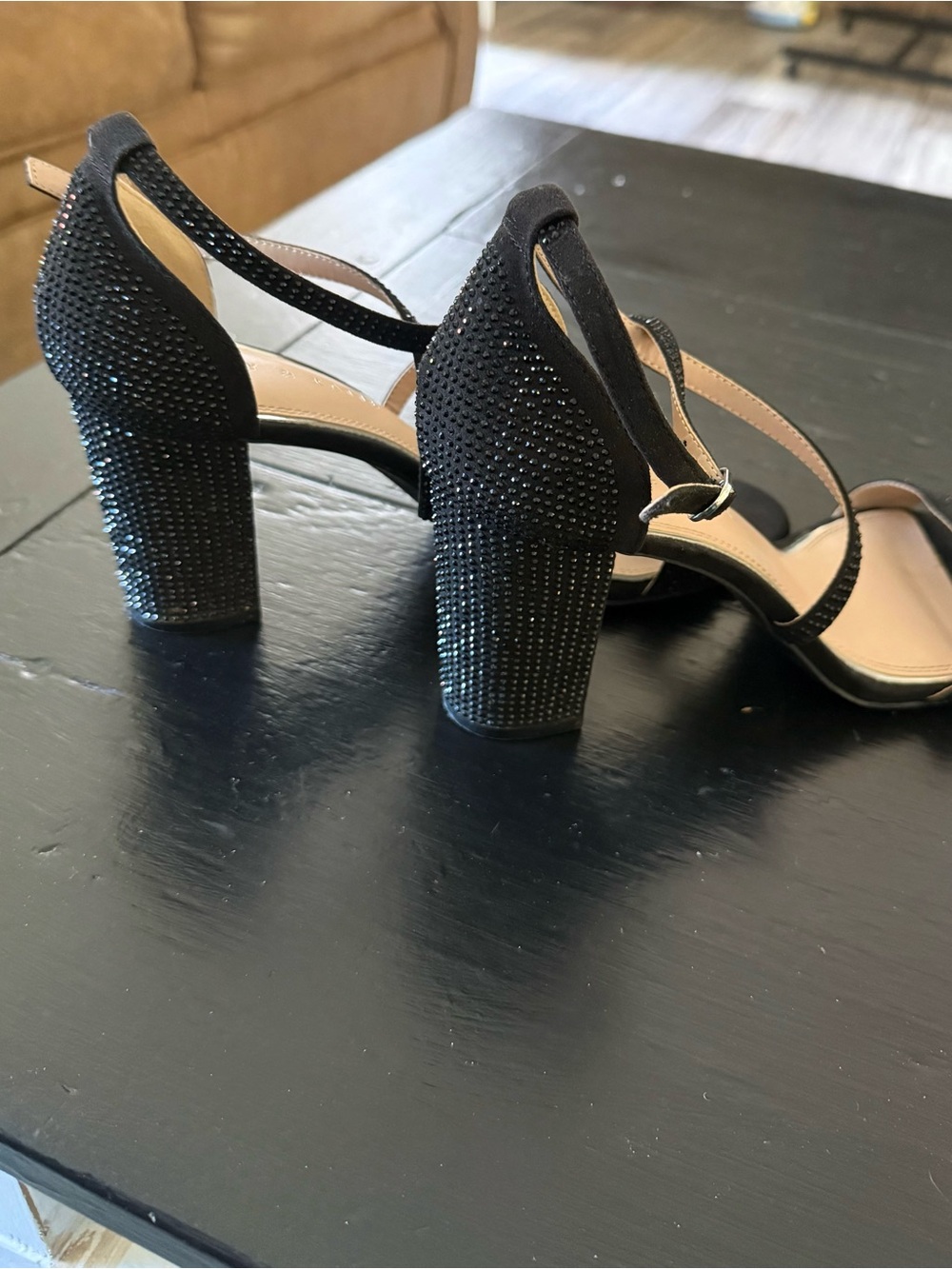 Kelly & Katie Black Rhinestone Crisscross Block Heel Sandals